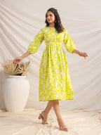 Janasya Bright Cotton Floral Gathered Dress - Distacart
