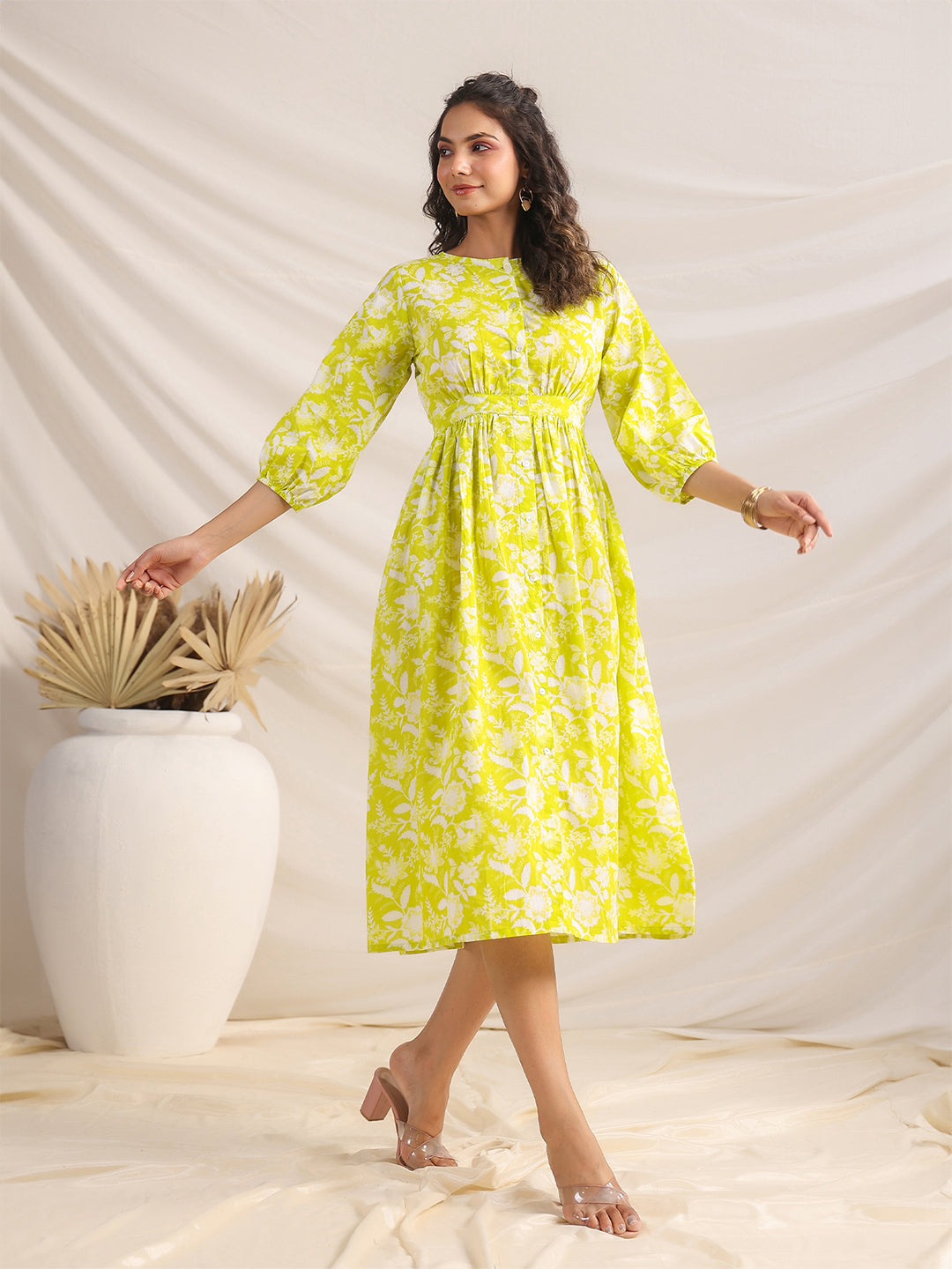 Janasya Bright Cotton Floral Gathered Dress - Distacart