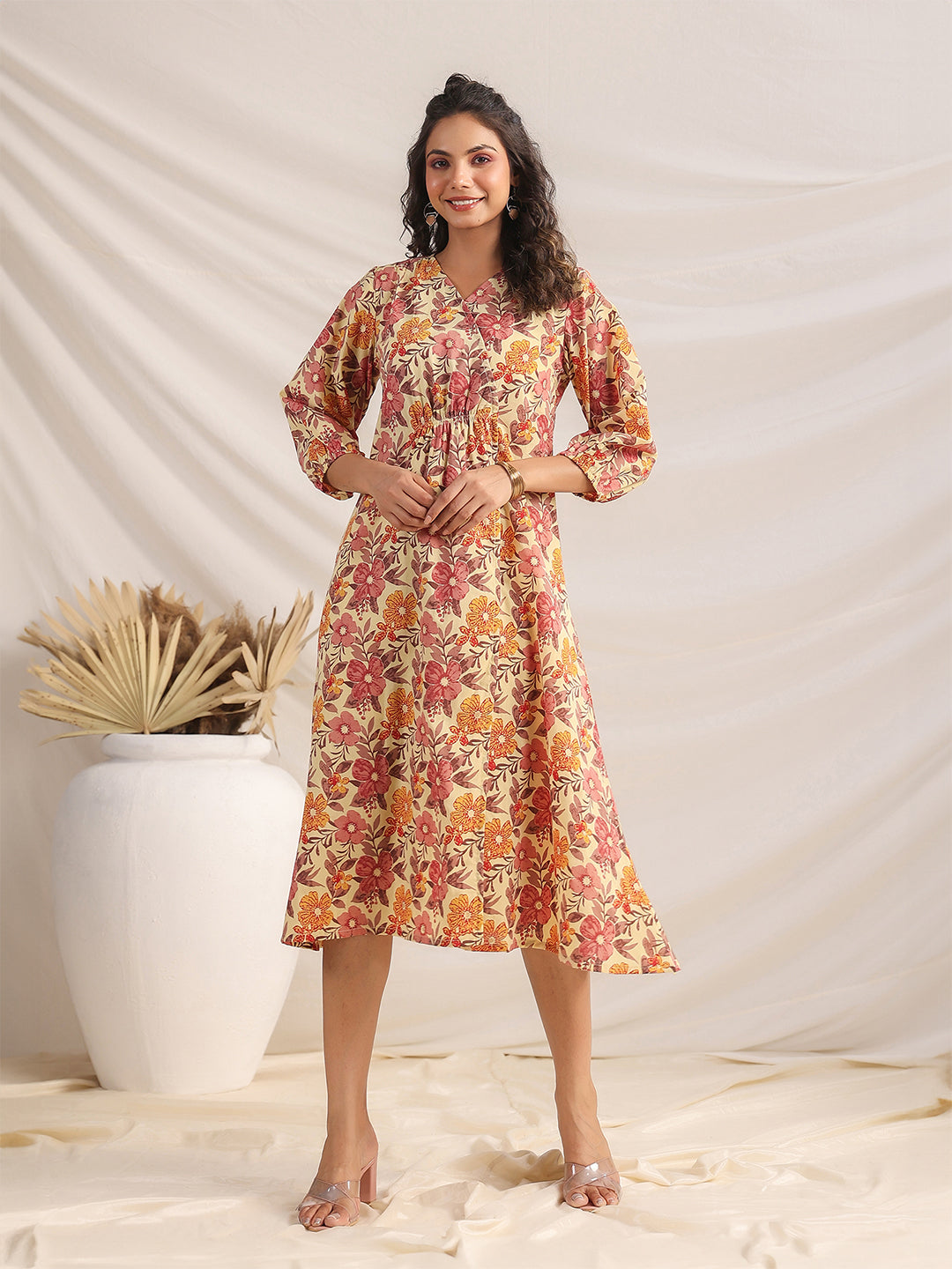 Janasya Gathered Cambric Yellow Floral V-Neck Dress - Distacart