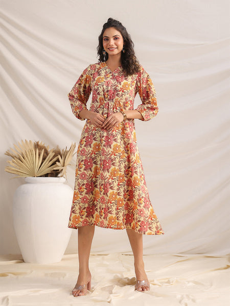 Janasya Gathered Cambric Yellow Floral V-Neck Dress