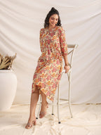 Janasya Gathered Cambric Yellow Floral V-Neck Dress - Distacart
