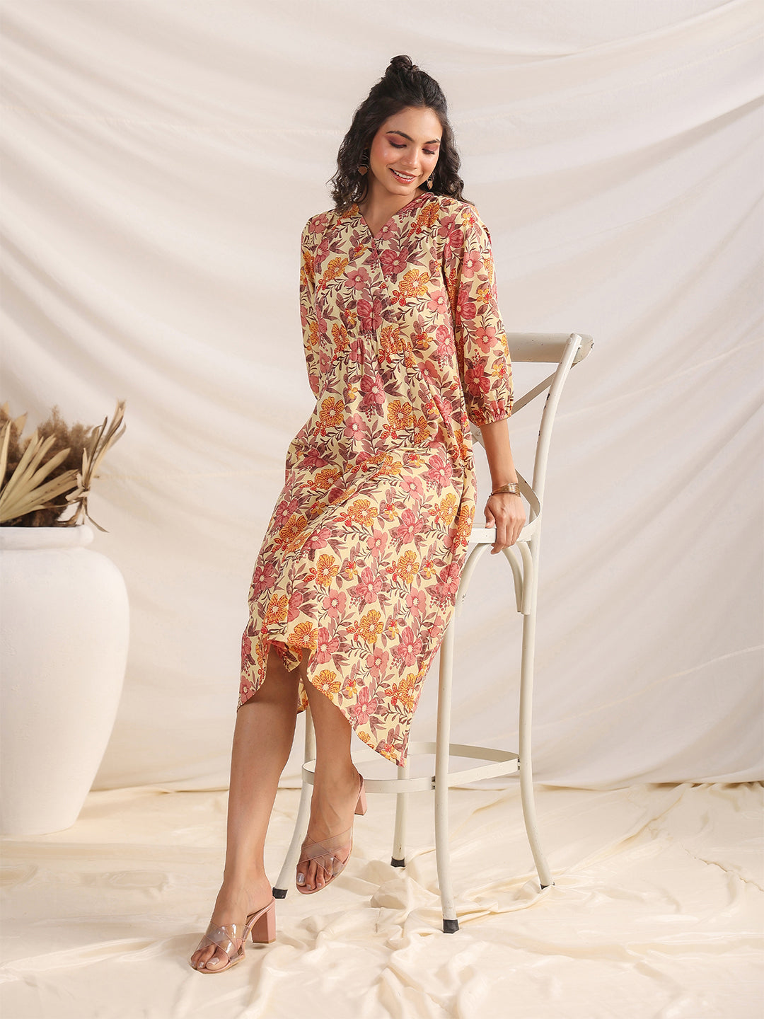Janasya Gathered Cambric Yellow Floral V-Neck Dress - Distacart