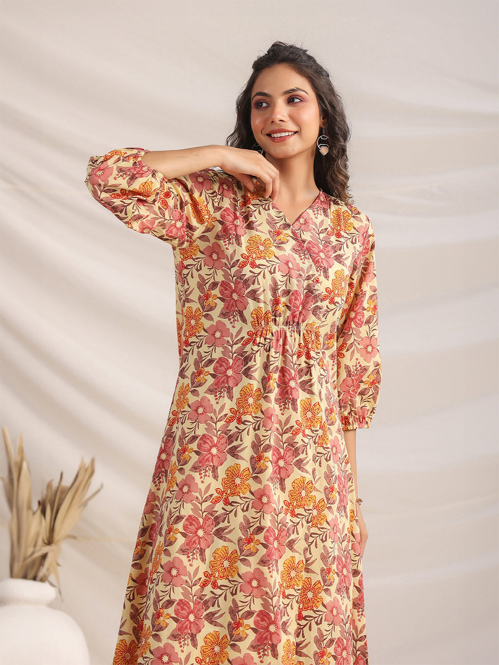 Janasya Gathered Cambric Yellow Floral V-Neck Dress - Distacart