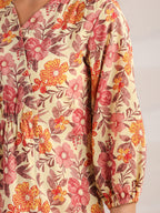 Janasya Gathered Cambric Yellow Floral V-Neck Dress - Distacart