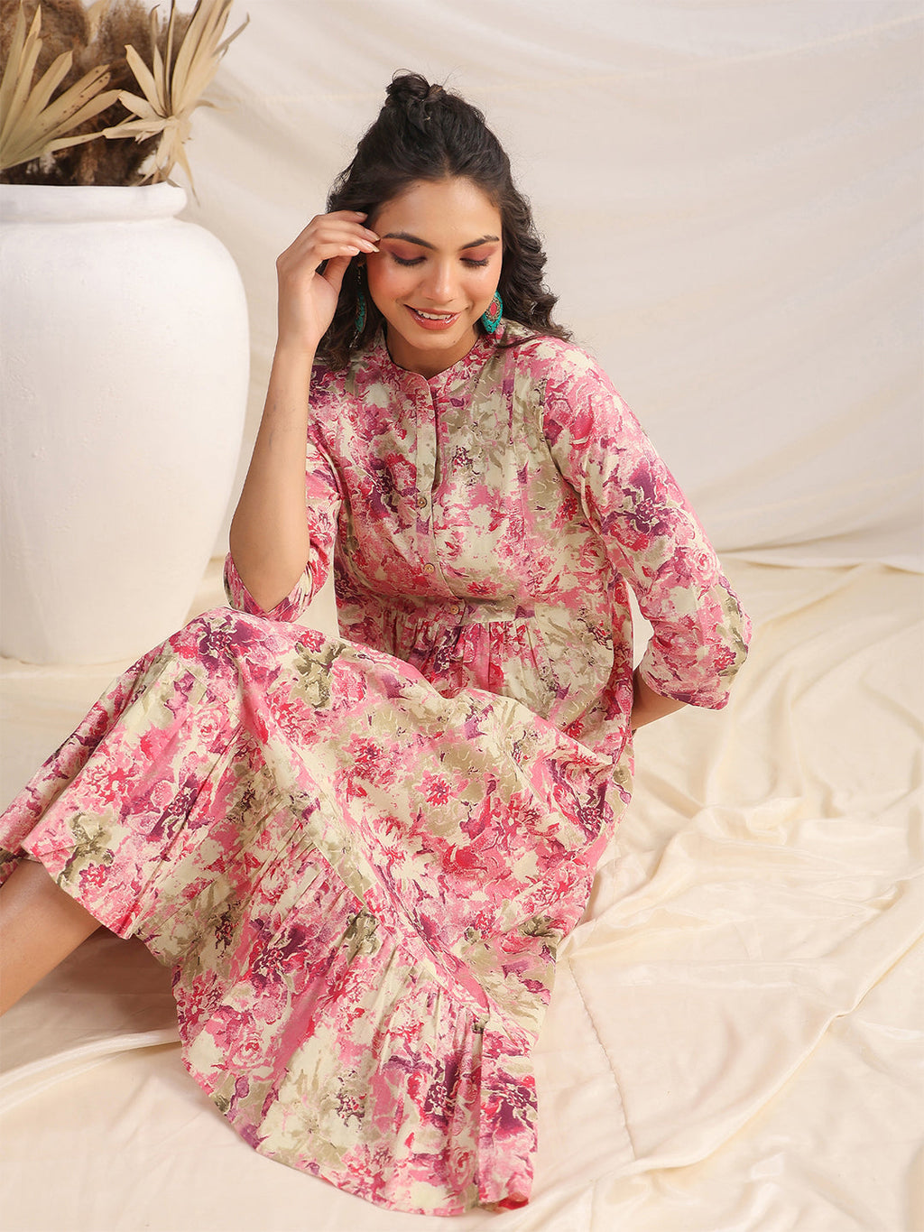 Janasya Light Cotton Abstract Gathered Dress - Distacart