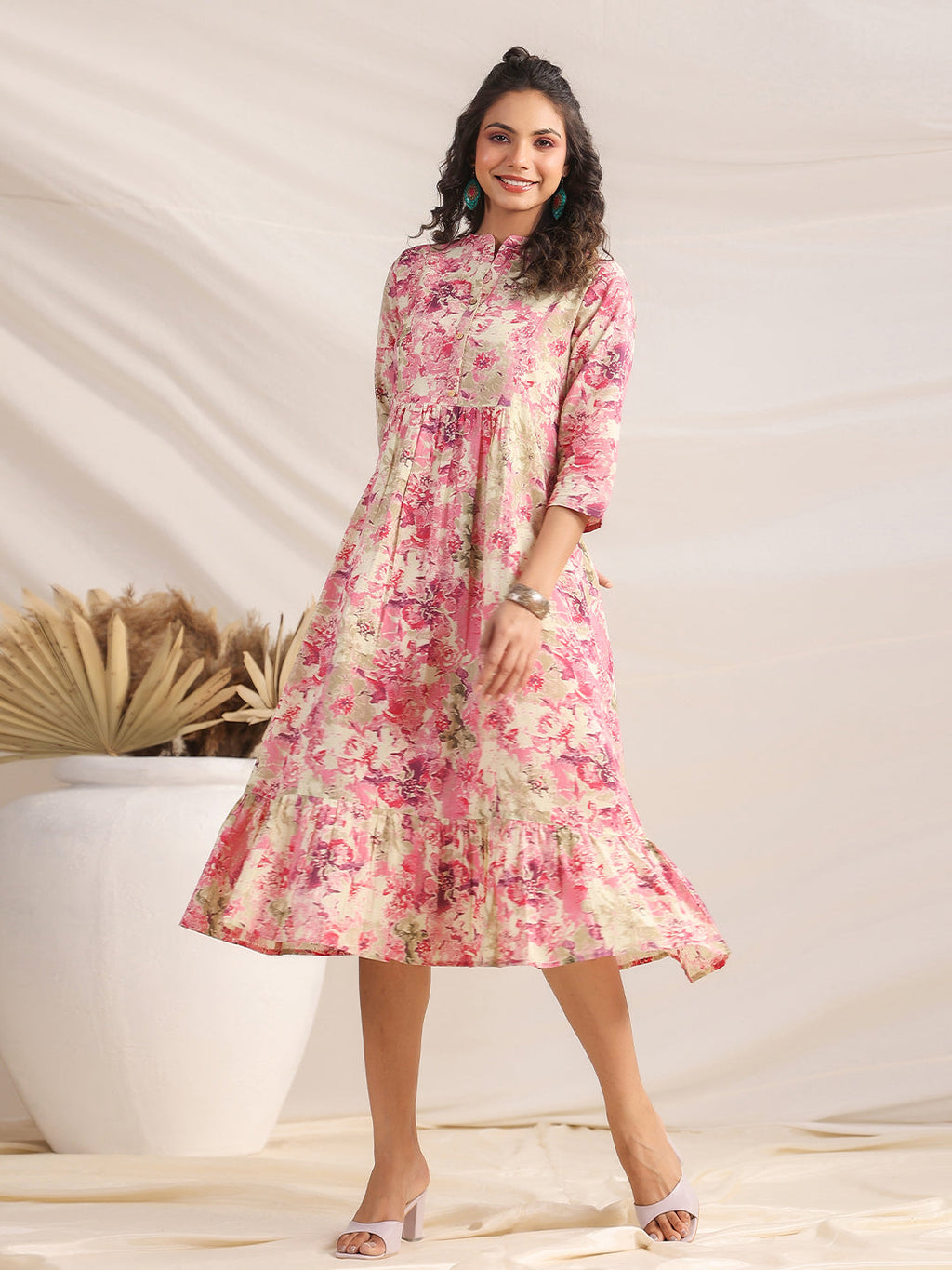 Janasya Light Cotton Abstract Gathered Dress - Distacart