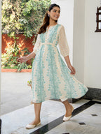 Janasya Off White Dobby Georgette Floral Flared Dress - Distacart
