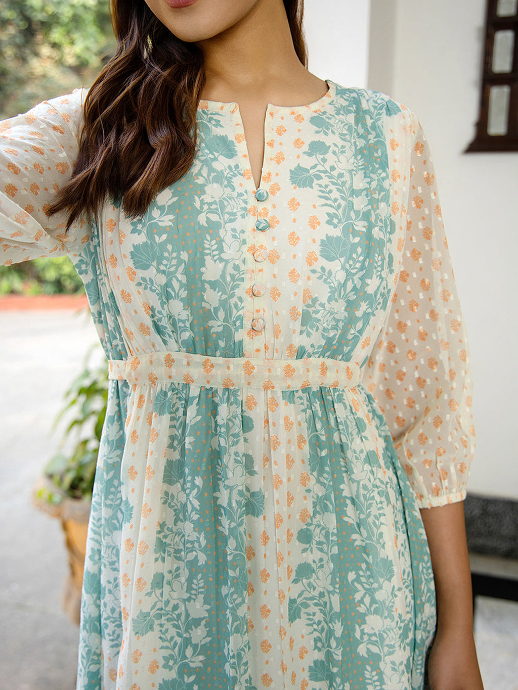 Janasya Off White Dobby Georgette Floral Flared Dress - Distacart