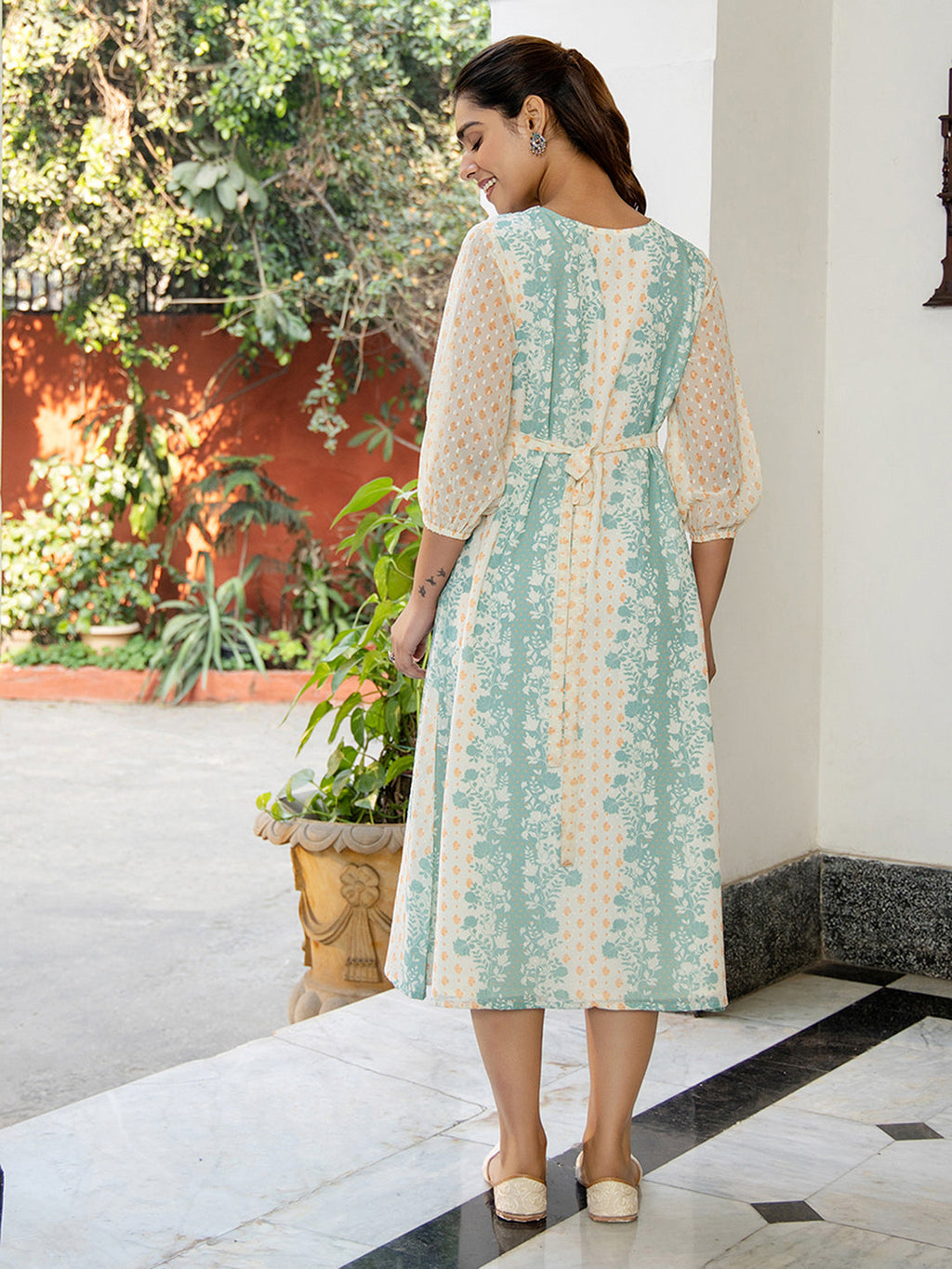 Janasya Off White Dobby Georgette Floral Flared Dress - Distacart