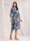 Janasya Indigo Cambric Floral Dress - Distacart