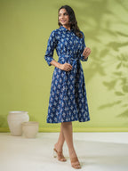 Janasya Dark Cotton Ethnic Motifs Shirt Dress Dress - Distacart