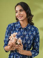 Janasya Dark Cotton Ethnic Motifs Shirt Dress Dress - Distacart