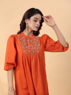 Janasya Pleated Dobby Cotton Rust Embroidered Band Collar Dress - Distacart