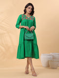 Janasya Pleated Dobby Cotton Green Embroidered V-Neck Dress - Distacart