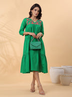 Janasya Pleated Dobby Cotton Green Embroidered V-Neck Dress - Distacart