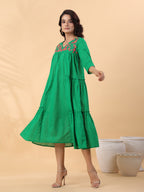 Janasya Pleated Dobby Cotton Green Embroidered V-Neck Dress - Distacart