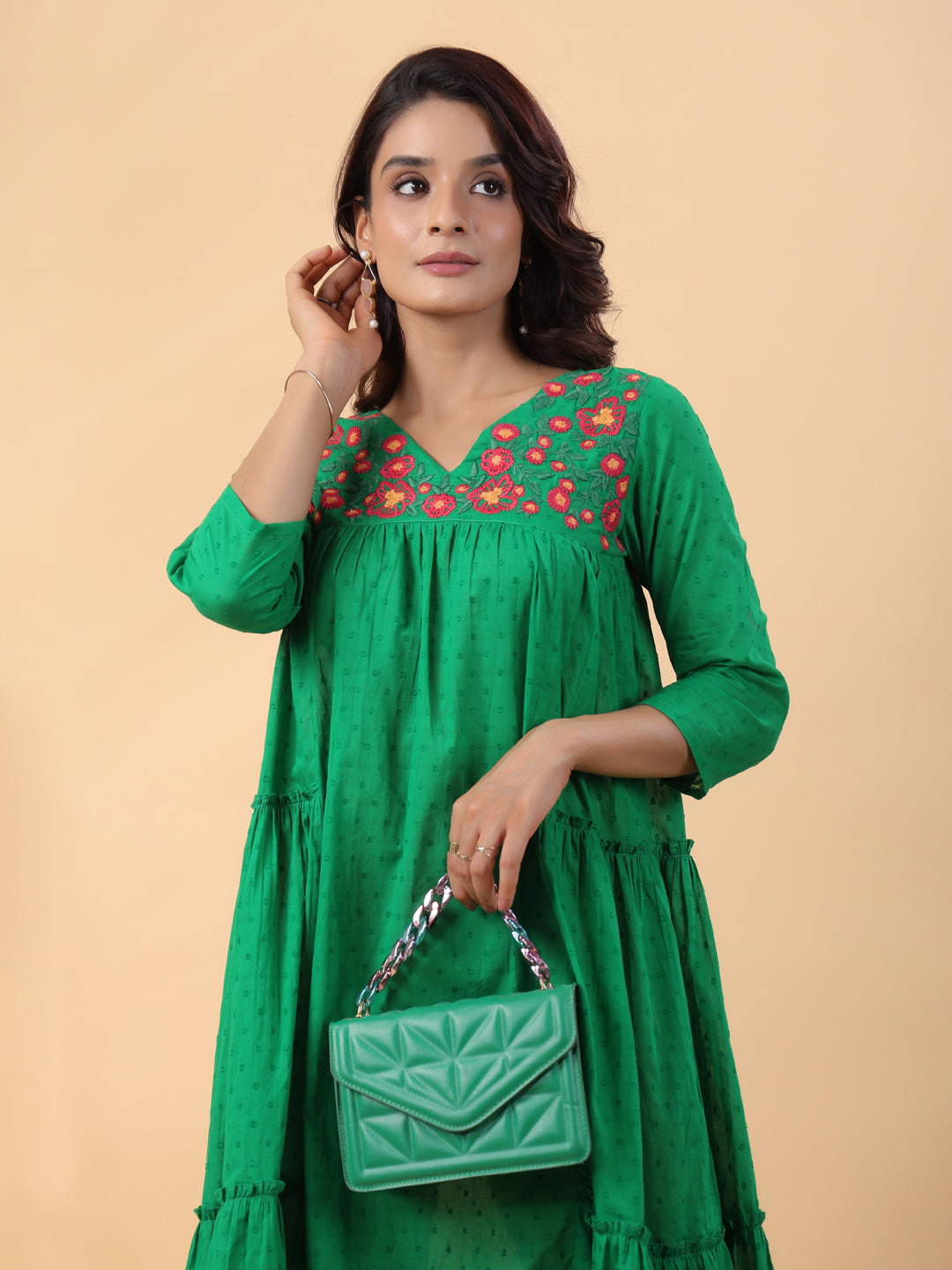 Janasya Pleated Dobby Cotton Green Embroidered V-Neck Dress - Distacart