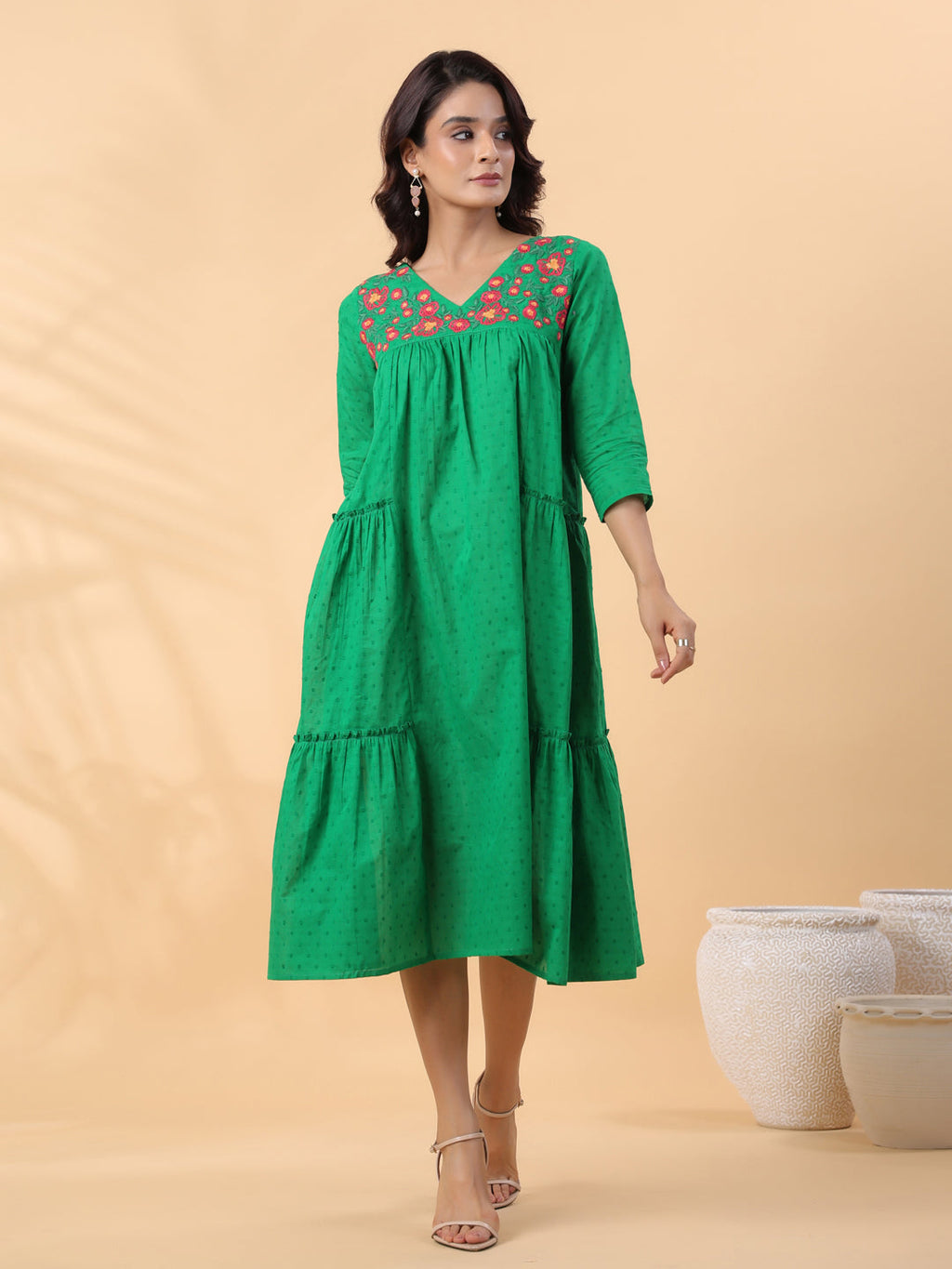 Janasya Pleated Dobby Cotton Green Embroidered V-Neck Dress - Distacart