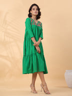 Janasya Pleated Dobby Cotton Green Embroidered V-Neck Dress - Distacart