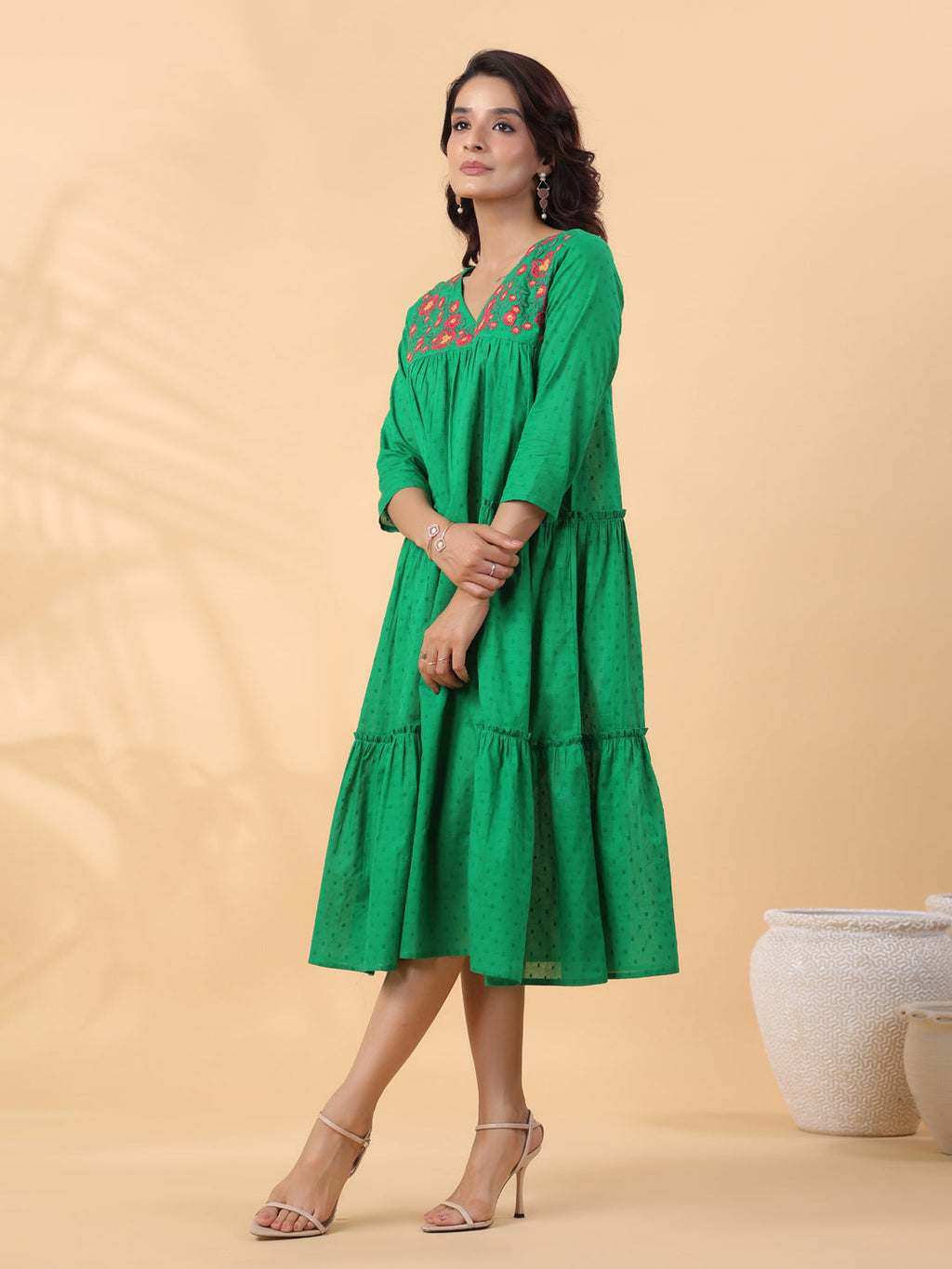 Janasya Pleated Dobby Cotton Green Embroidered V-Neck Dress - Distacart