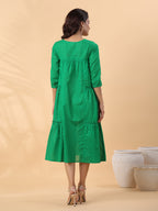 Janasya Pleated Dobby Cotton Green Embroidered V-Neck Dress - Distacart