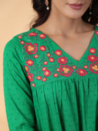 Janasya Pleated Dobby Cotton Green Embroidered V-Neck Dress - Distacart