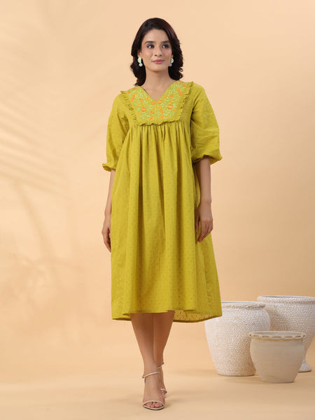Janasya Pleated Dobby Cotton Lime Green Embroidered V-Neck Dress