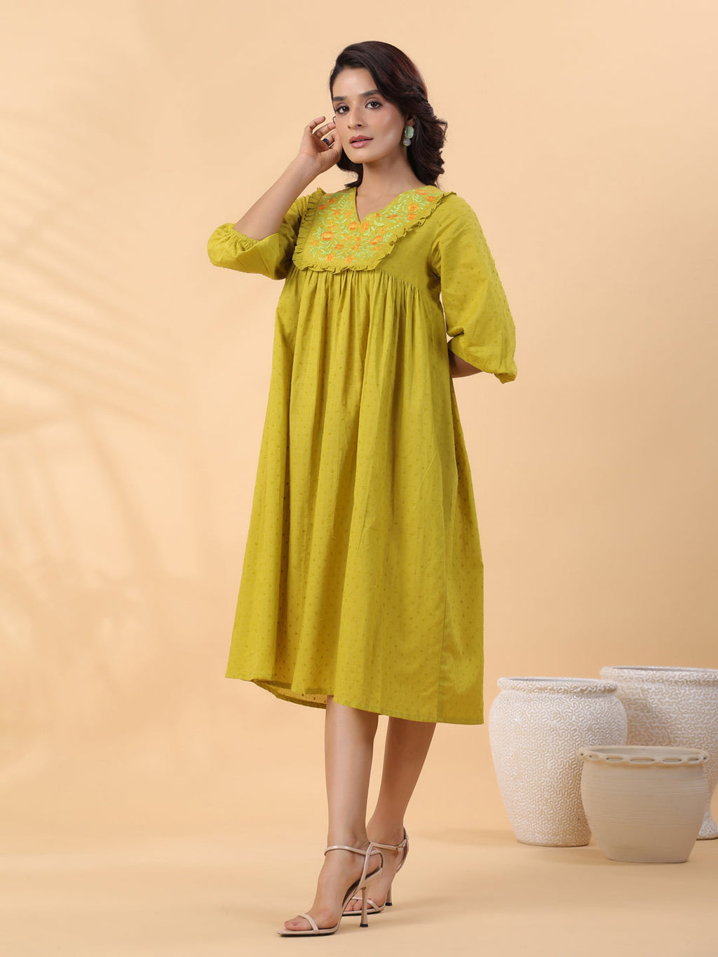 Janasya Pleated Dobby Cotton Lime Green Embroidered V-Neck Dress - Distacart