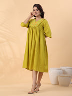 Janasya Pleated Dobby Cotton Lime Green Embroidered V-Neck Dress - Distacart