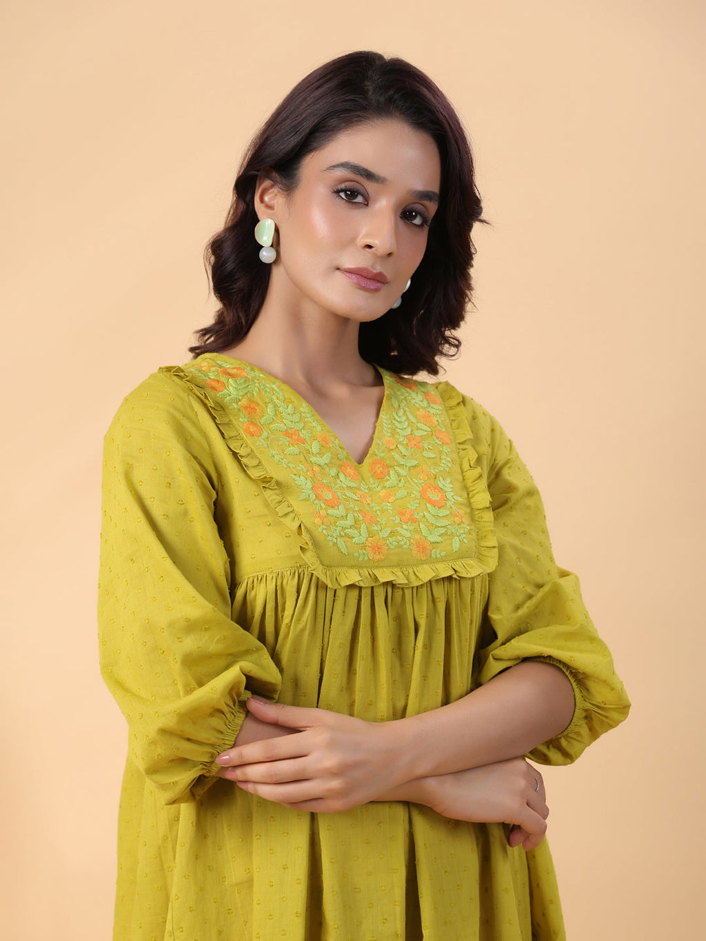 Janasya Pleated Dobby Cotton Lime Green Embroidered V-Neck Dress - Distacart