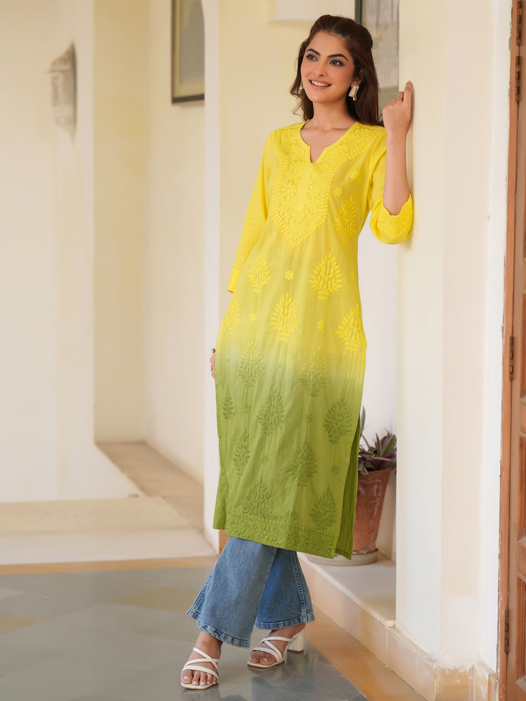 Janasya Bright Cotton Ombre Straight Kurta - Distacart