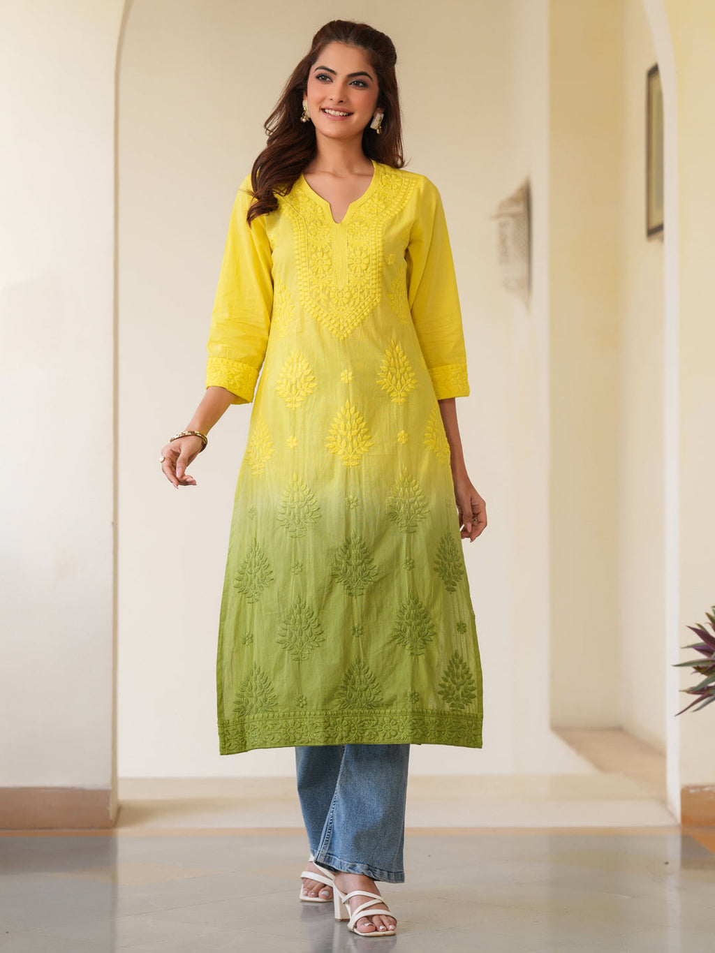 Janasya Bright Cotton Ombre Straight Kurta - Distacart