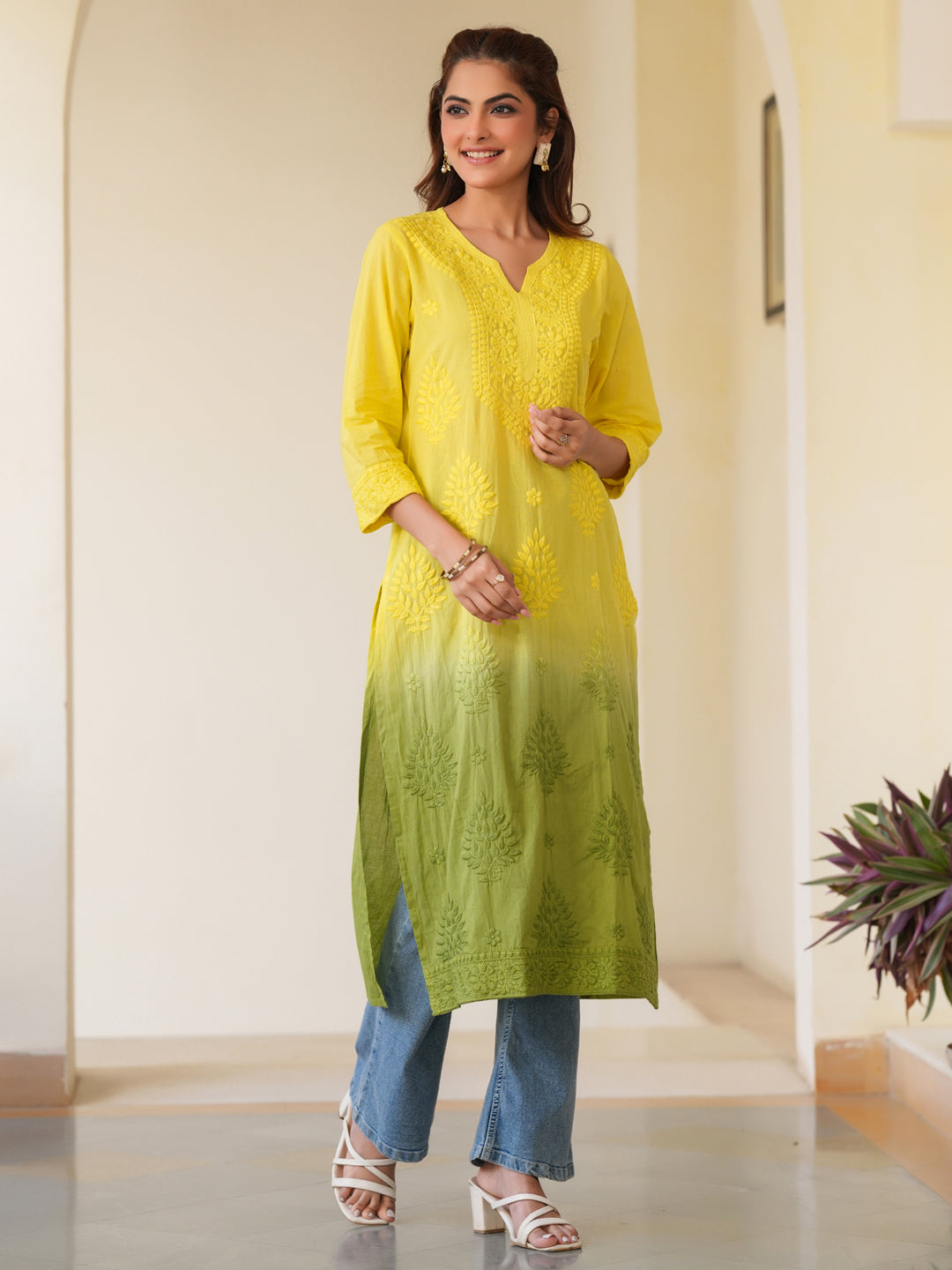 Janasya Bright Cotton Ombre Straight Kurta - Distacart