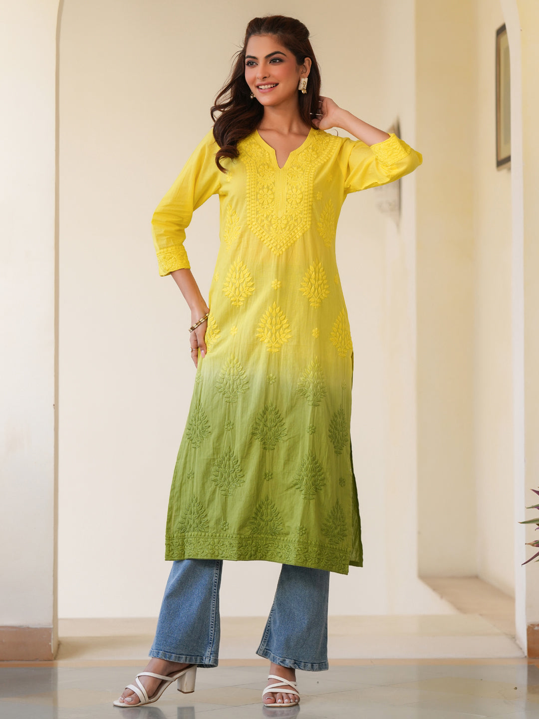 Janasya Bright Cotton Ombre Straight Kurta - Distacart