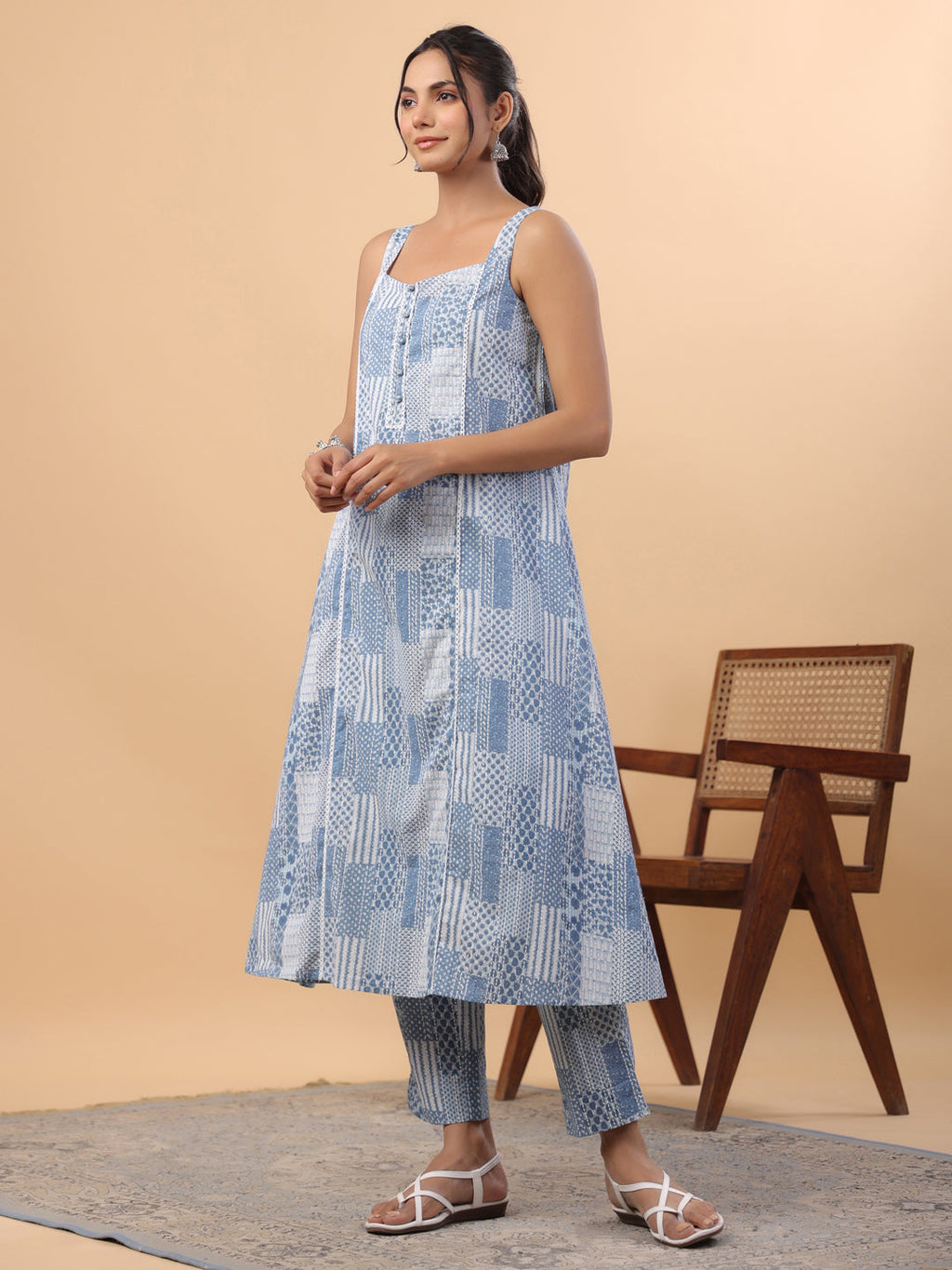 Janasya A-Line Cambric Blue Ethnic Motifs Sweetheart Neck Set - Distacart