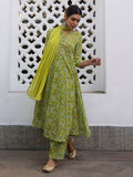Janasya Anarkali Weightless Georgette Lime Green Yoke Embroidery Notch Neck Set