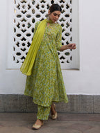 Janasya Anarkali Weightless Georgette Lime Green Yoke Embroidery Notch Neck Set