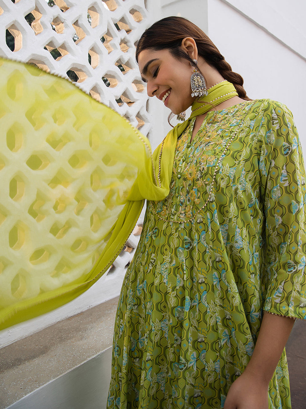 Janasya Anarkali Weightless Georgette Lime Green Yoke Embroidery Notch Neck Set