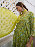 Janasya Anarkali Weightless Georgette Lime Green Yoke Embroidery Notch Neck Set