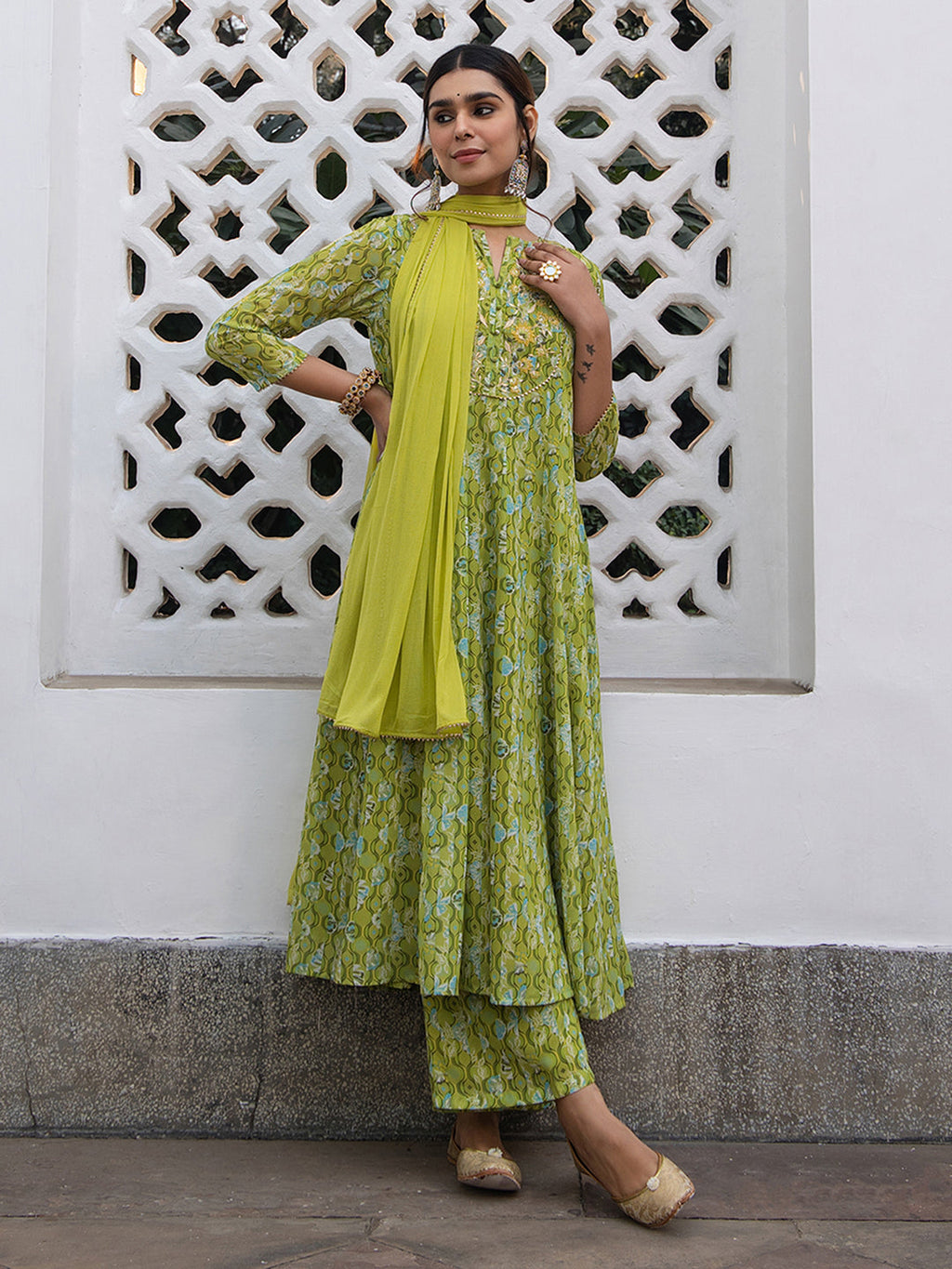 Janasya Anarkali Weightless Georgette Lime Green Yoke Embroidery Notch Neck Set