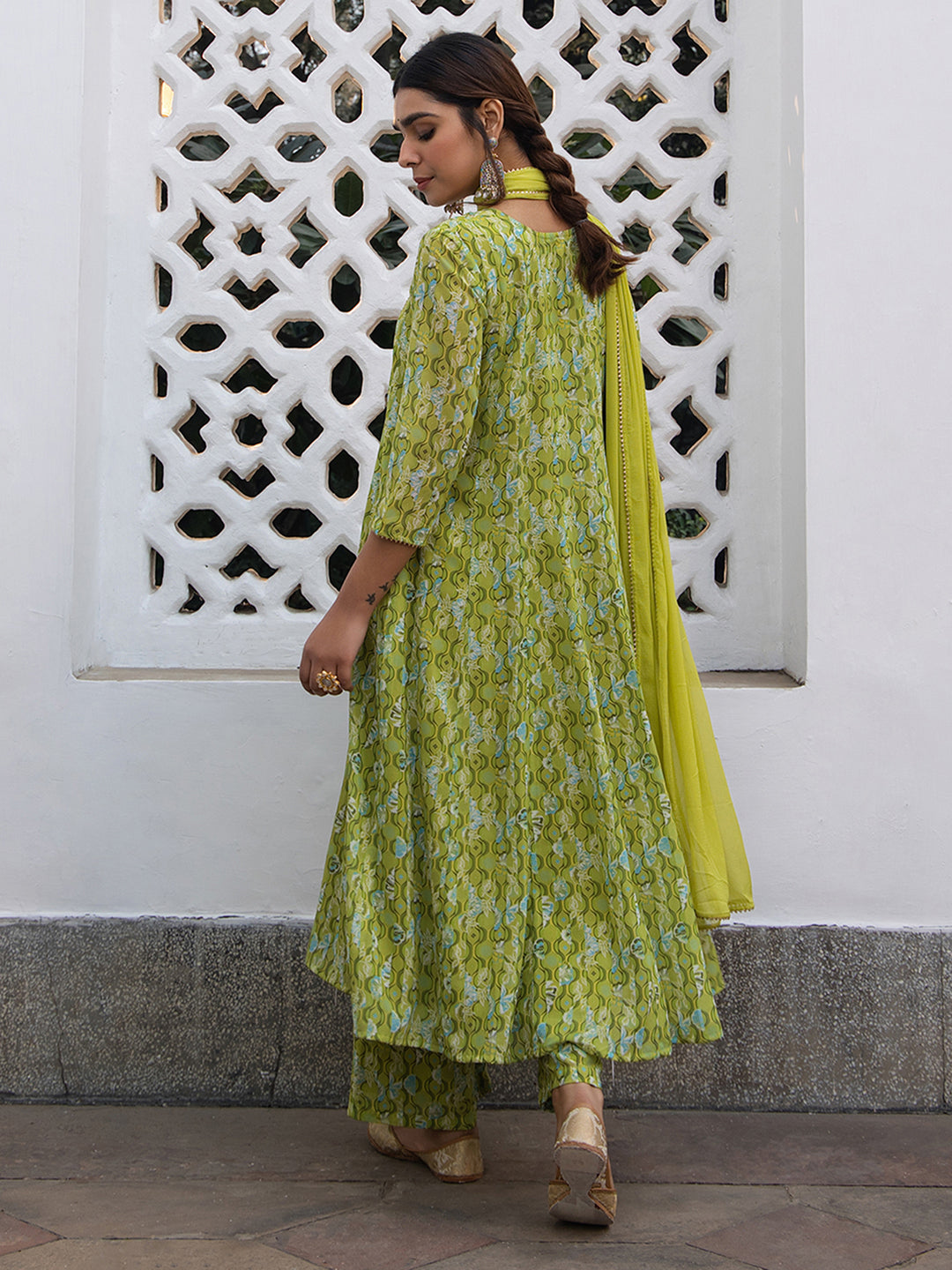 Janasya Anarkali Weightless Georgette Lime Green Yoke Embroidery Notch Neck Set