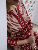 Janasya A-Line Cambric Red Floral Notch Neck Kurta & Bottom
