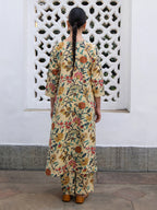 Janasya Gathered Cambric Beige Floral V-Neck Kurta & Bottom