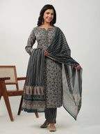Janasya Beige Cambric Floral Kurta Set