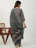 Janasya Straight Cambric Beige Floral Notch Neck Kurta Set