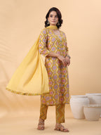 Janasya Straight Cambric Mustard Floral V-Neck Kurta,Bottom & Dupatta