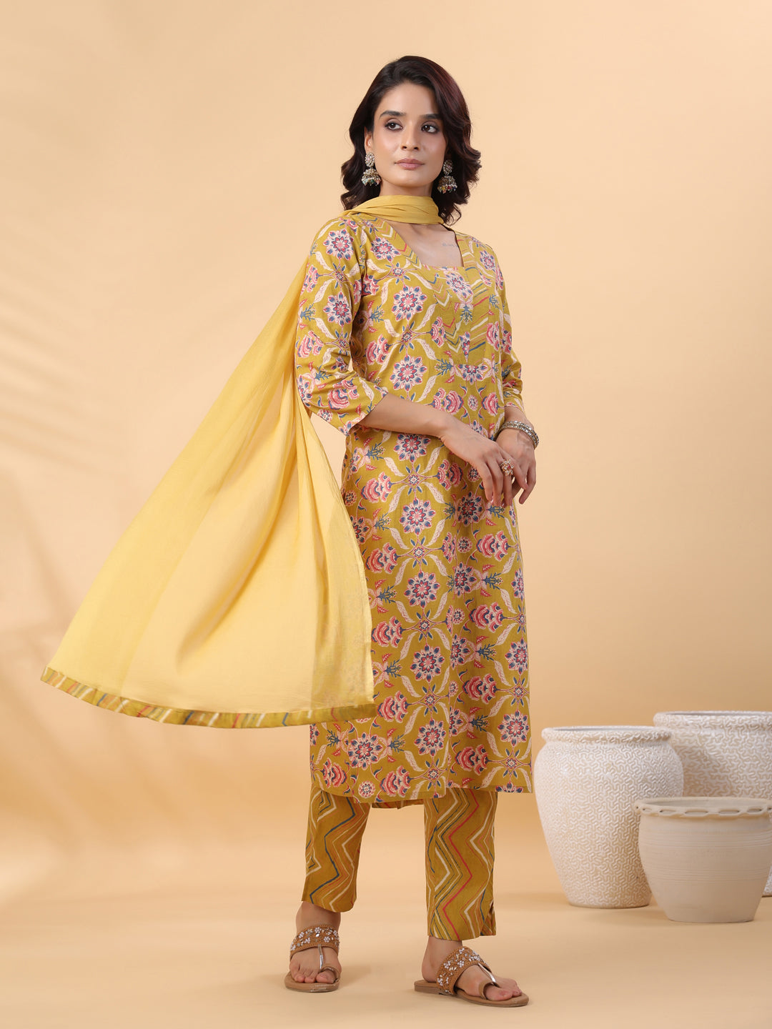 Janasya Straight Cambric Mustard Floral V-Neck Kurta,Bottom & Dupatta