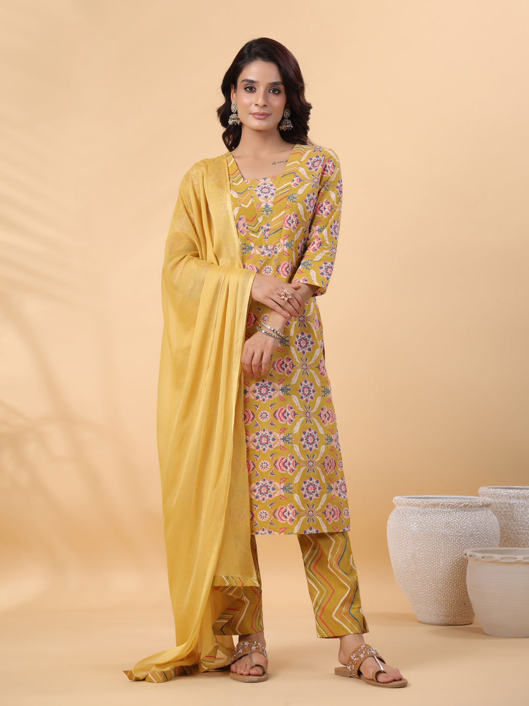 Janasya Straight Cambric Mustard Floral V-Neck Kurta,Bottom & Dupatta