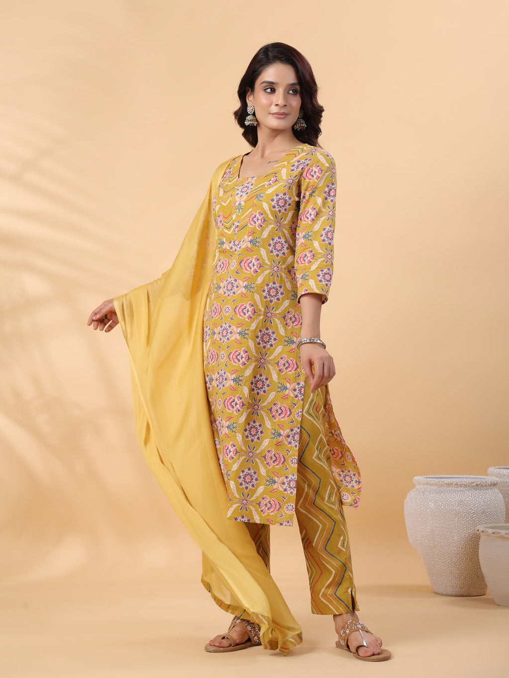 Janasya Straight Cambric Mustard Floral V-Neck Kurta,Bottom & Dupatta
