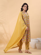 Janasya Straight Cambric Mustard Floral V-Neck Kurta,Bottom & Dupatta